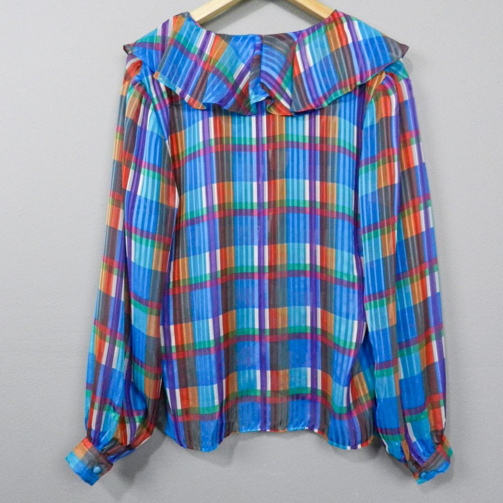 Vintage 70s Sunny‎ South Dallas Blouse Size 16 Plaid Ruffle Rainbow Disco Retro - Picture 7 of 8